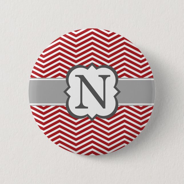 Red White Monogram Letter N Chevron Button (Front)