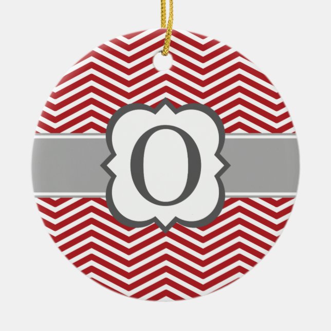 Red White Monogram Letter O Chevron Ceramic Ornament (Front)
