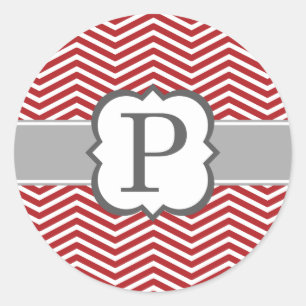 Red White Monogram Letter P Chevron Classic Round Sticker