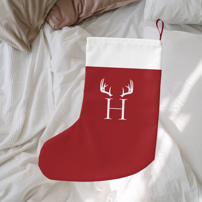 Red white monogram modern antlers small christmas stocking (Creator Uploaded)