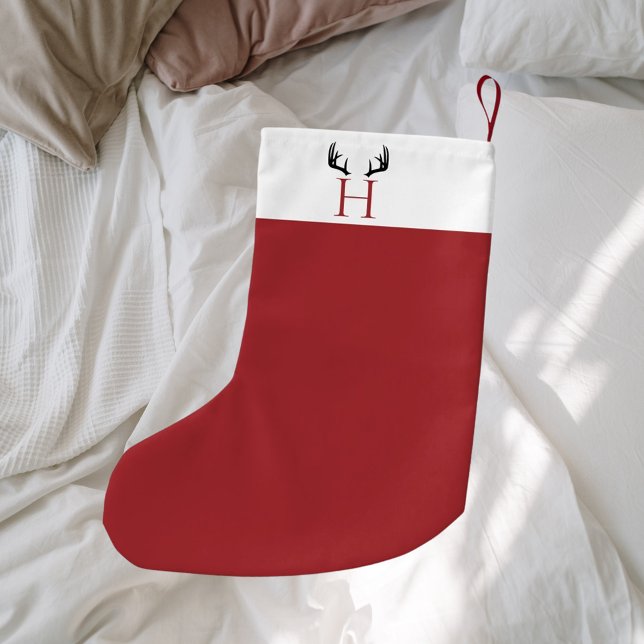 Red white monogram modern antlers small christmas stocking (Creator Uploaded)