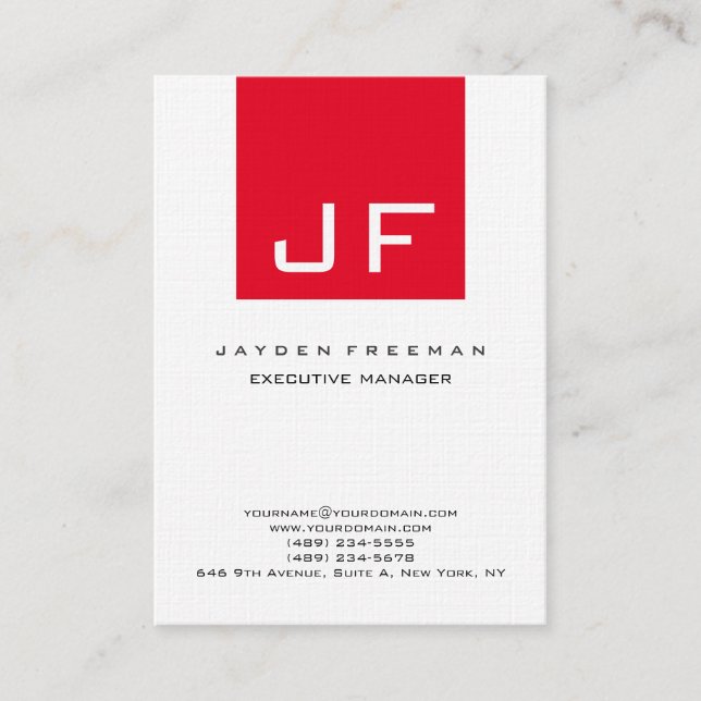 Red White Monogram Modern Minimalist Business Card (Front)