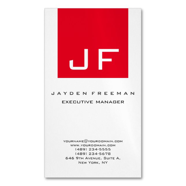 Red White Monogram Modern Minimalist Business Card Magnet (Front Vertical)