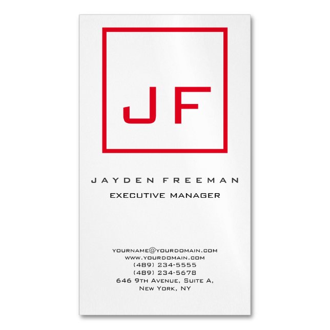 Red White Monogram Modern Minimalist Business Card Magnet (Front Vertical)