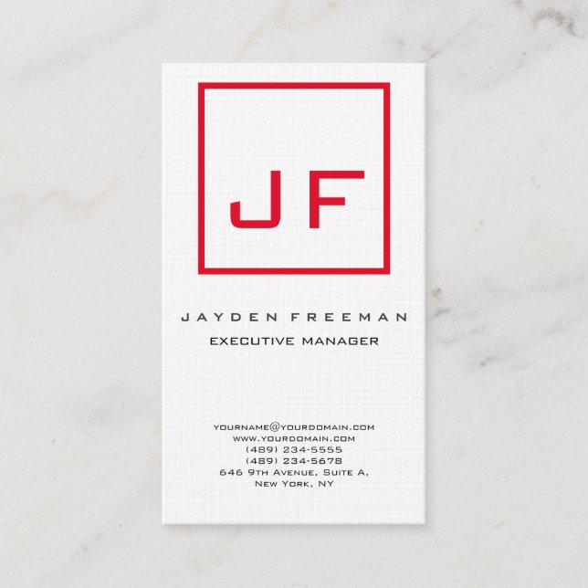 Red White Monogram Modern Minimalist Premium Linen Business Card (Front)