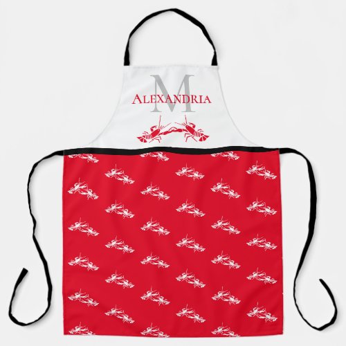  Red White Monogram Name Lobster Pattern Apron