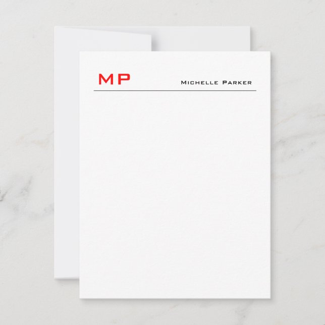 Red White Monogram Professional Plain Minimalist Note Card (Front)