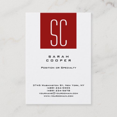 Red White Monogram Simple Plain Clean Professional Business Card