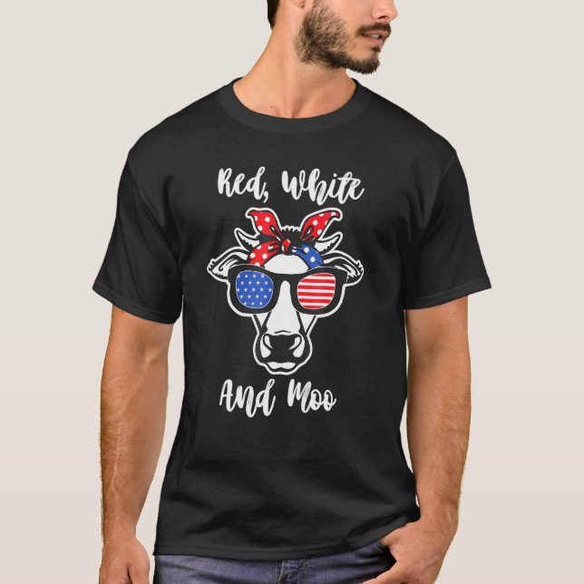 RED WHITE MOO Cow Bandana American Flag Sunglasses T-Shirt (Front)