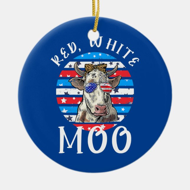 Red White Moo Cute American Cow Farmer 4th Of Ceramic Ornament (Front)