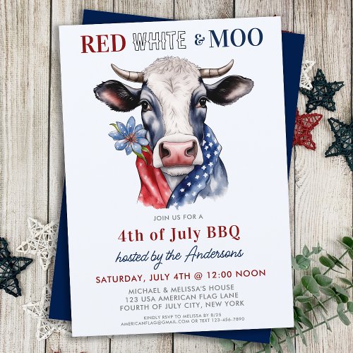 Red White Moo Patriotic Cow Farm 4th Of July Invitation