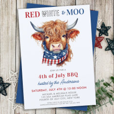 Red White Moo Patriotic Highland Cow 4th Of July Invitation at Zazzle