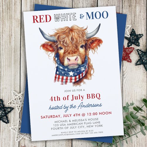 Red White Moo Patriotic Highland Cow 4th Of July Invitation