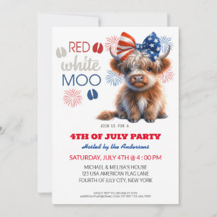Red White Moo Patriotic highland cow 4th Of July Invitation
