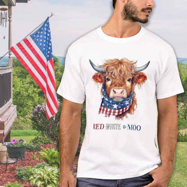 Red White Moo Patriotic Highland Cow 4th Of July T-Shirt (Creator Uploaded)