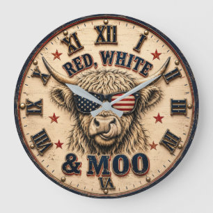 Red, White & Moo Patriotic Highland Cow Americana  Large Clock