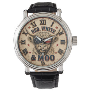 Red, White & Moo Patriotic Highland Cow Americana Watch