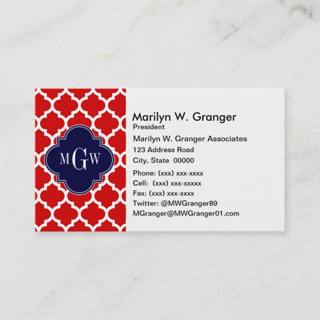 Red, White Moroccan #5 Navy 3 Initial Monogram Business Card (Front)