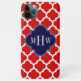 Red, White Moroccan #5 Navy 3 Initial Monogram iPhone 11 Pro Max Case