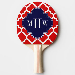Red, White Moroccan #5 Navy 3 Initial Monogram Ping-Pong Paddle