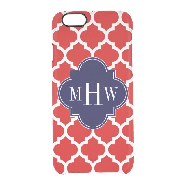 Red, White Moroccan #5 Navy 3 Initial Monogram Uncommon iPhone Case (Back)