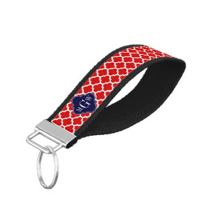 Red, White Moroccan #5 Navy 3 Initial Monogram Wrist Keychain