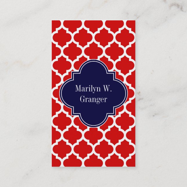 Red White Moroccan #5 Navy Blue Name Monogram Business Card (Back)