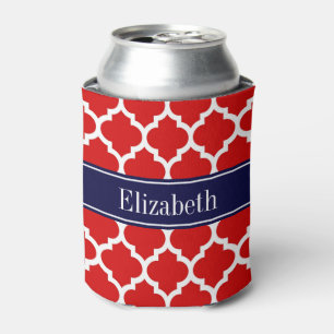 Red White Moroccan #5 Navy Blue Name Monogram Can Cooler