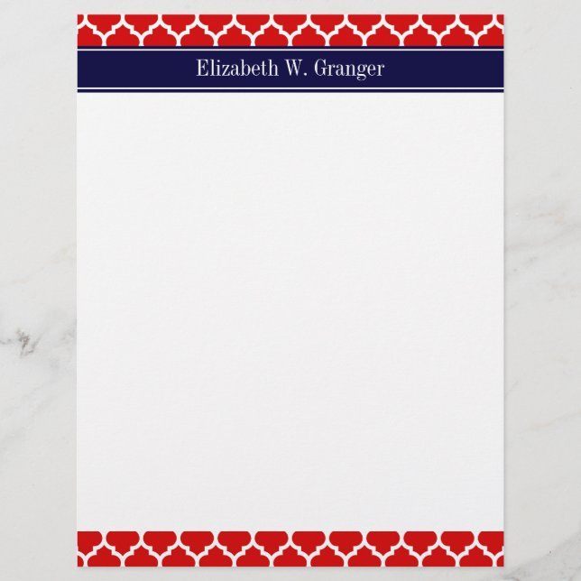 Red White Moroccan #5 Navy Blue Name Monogram Letterhead (Front)