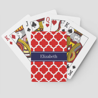 Red White Moroccan #5 Navy Blue Name Monogram Playing Cards