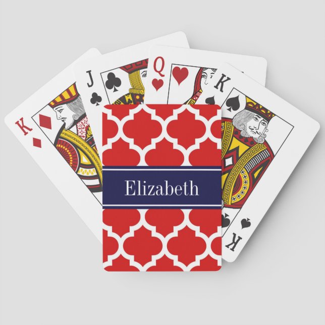 Red White Moroccan #5 Navy Blue Name Monogram Poker Cards (Back)