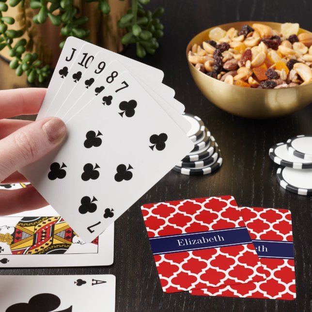 Red White Moroccan #5 Navy Blue Name Monogram Poker Cards (In Situ)