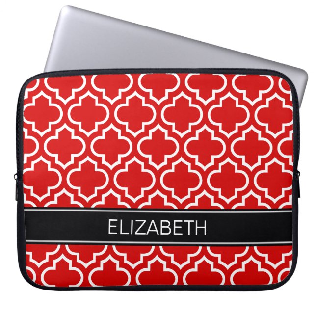 Red White Moroccan #6 Black Name Monogram Laptop Sleeve (Front)