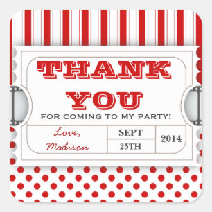 Red White Movie Ticket Birthday Thank You Sticker