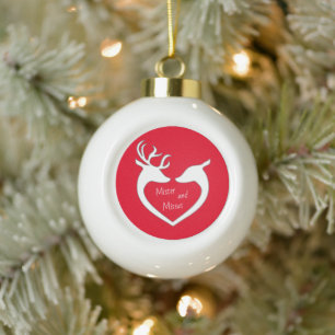 Red & White Mr & Mrs Deer Couple Ceramic Ball Christmas Ornament