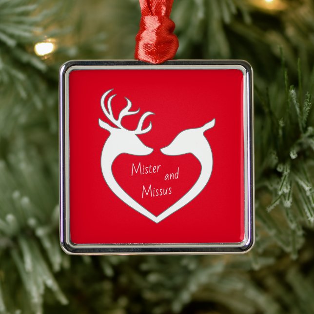 Red & White Mr & Mrs Deer Couple Holiday Ornament (Tree)