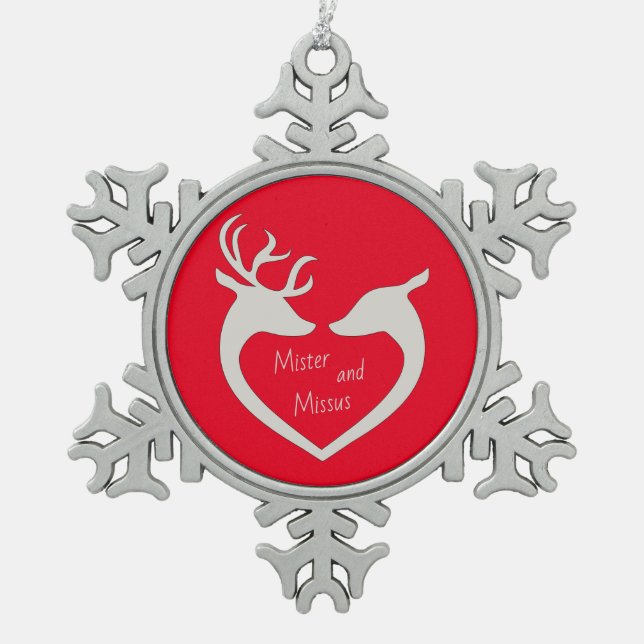Red & White Mr & Mrs Deer Couple Snowflake Pewter  Snowflake Pewter Christmas Ornament (Front)