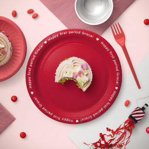 Red White Name Border Happy First Period Party Paper Plates