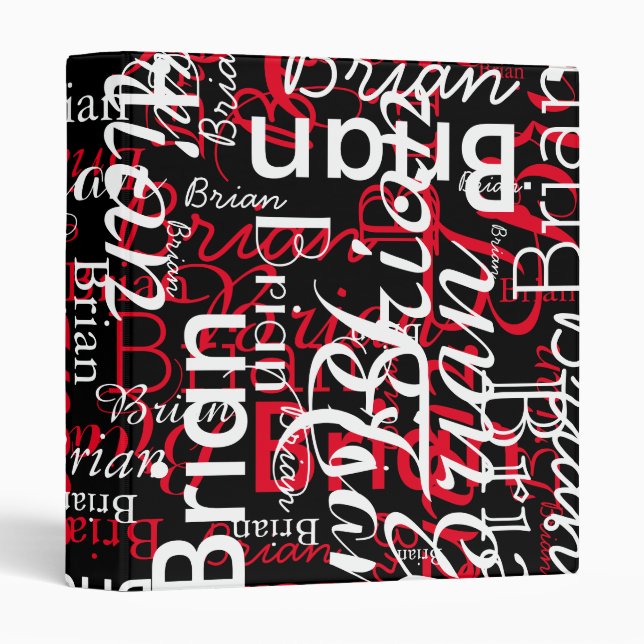 Red & White Name Pattern all over Black  3 Ring Binder (Front/Spine)