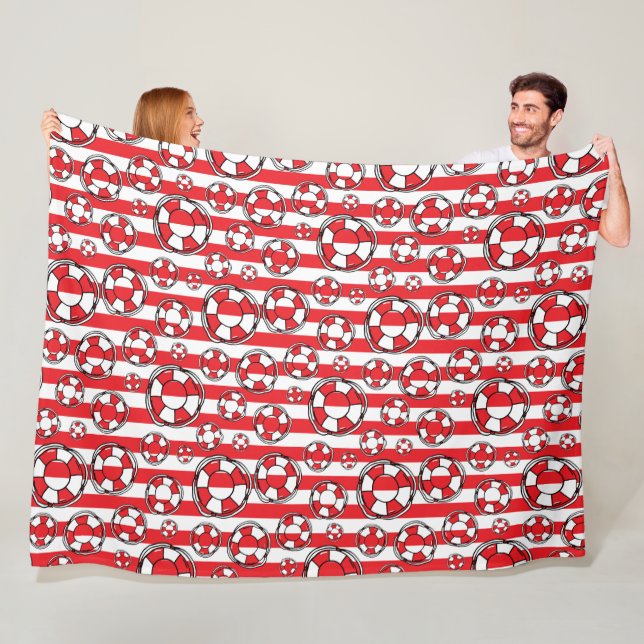 Red White Nautical Lifebuoy Lifebelts Boat Fleece Blanket (In Situ)