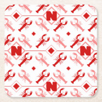 Red &amp; White Nautical Monogram &amp; Lobster Sea Life Square Paper Coaster