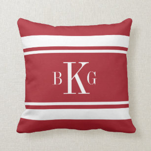 Red White Nautical Stripes Custom Monogram Throw Pillow