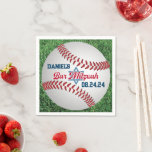 Red, White, Navy Baseball Bar Mitzvah Napkins 2<br><div class="desc">These red and white baseball Bar Mitzvah paper napkins are a perfect party item for a baseball-themed Bar Mitzvah. These baseball Bar Mitzvah napkins have a green grass background with a red and white baseball image, personalized with the name and date of the Bar Mitzvah in navy blue in a...</div>