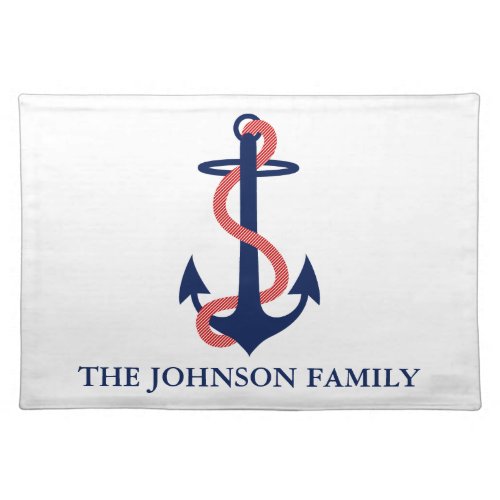 Red White Navy Blue Anchor Nautical Family Name Placemat