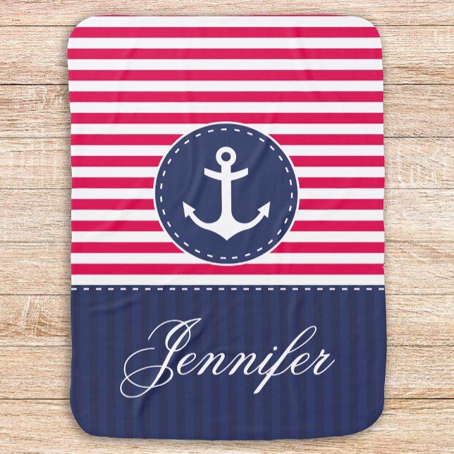 Red White Navy Blue Anchor With Personalized Name Swaddle Blanket (Creator Uploaded)