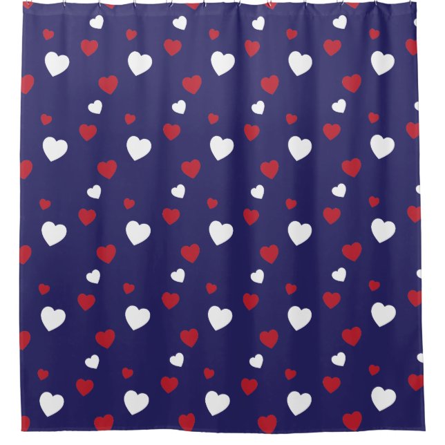 Red, White, Navy Blue Hearts Pattern Shower Curtain (Front)