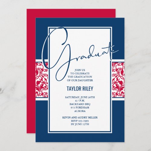 Red White Navy Damask Graduation Invitation