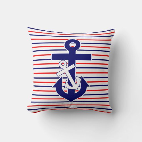 Red White  Navy Stripes With Anchors Throw Pillow