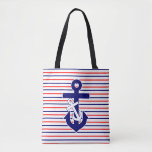 Red White & Navy Stripes With Anchors Tote Bag