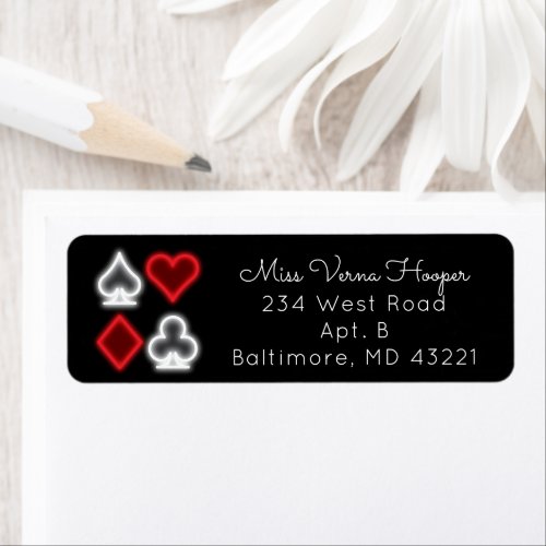 Red White Neon Card Suits Casino Themed Mail Label